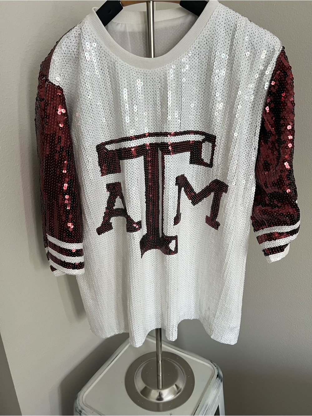 Texas A&M Sequin Team Letter Pullover in White and Maroon
